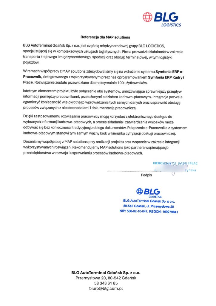 Referencje - BLG AutoTerminal – referencja z wdrożenia Symfonia ERP e-Pracownik